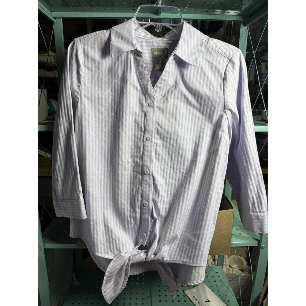 Chico's Women's Blue/White Striped Cotton Woven Collared 3/4 Button Shirt 0